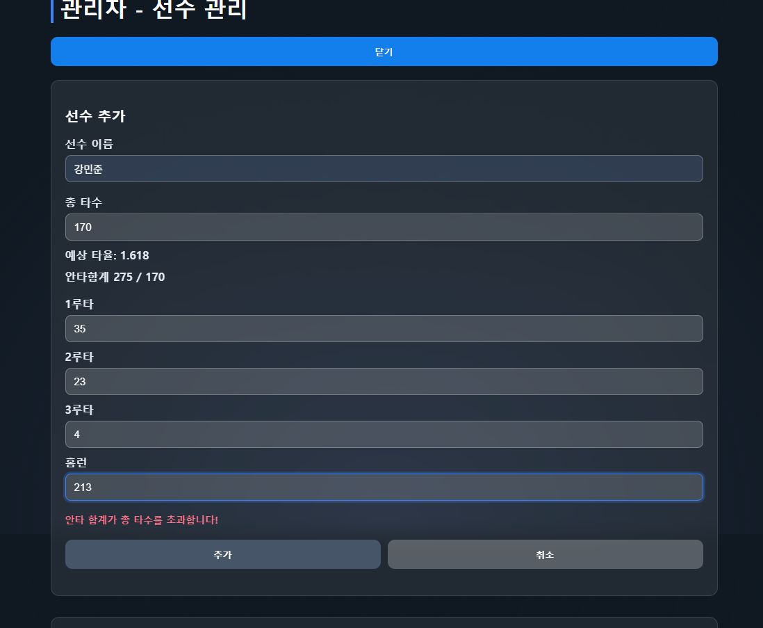 선수 추가 - 안타 합계 초과 오류 발생